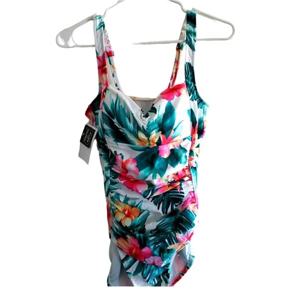 Swim Solutions TROPICAL PUNCH Hibiscus Tummy-Control One-Piece Swimsuit 10 NEW - Picture 4 of 5